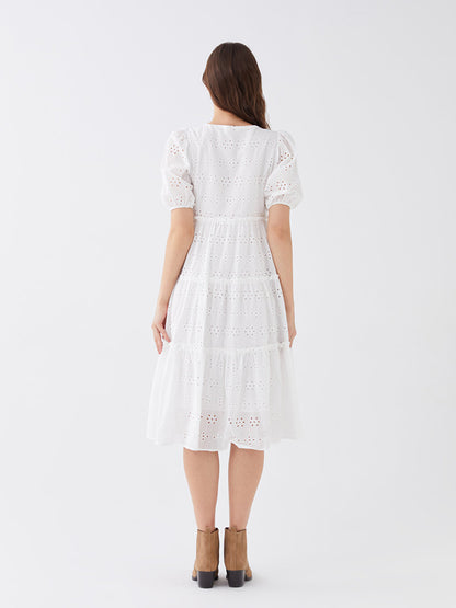 V-Neck Self-Patterned Short Sleeve Embroidery Women's Dress