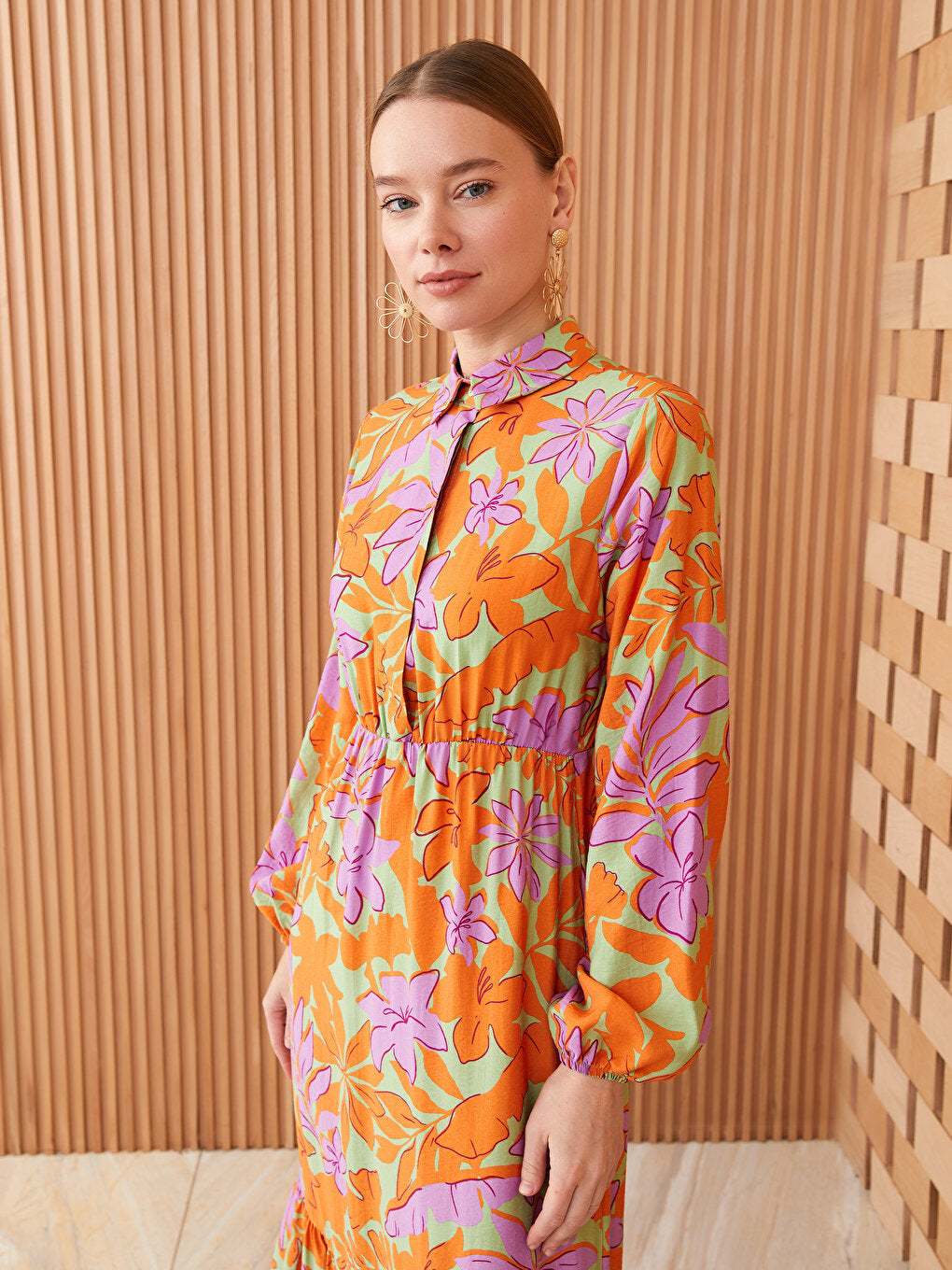 Patterned Long Sleeve Women's Shirt Dress