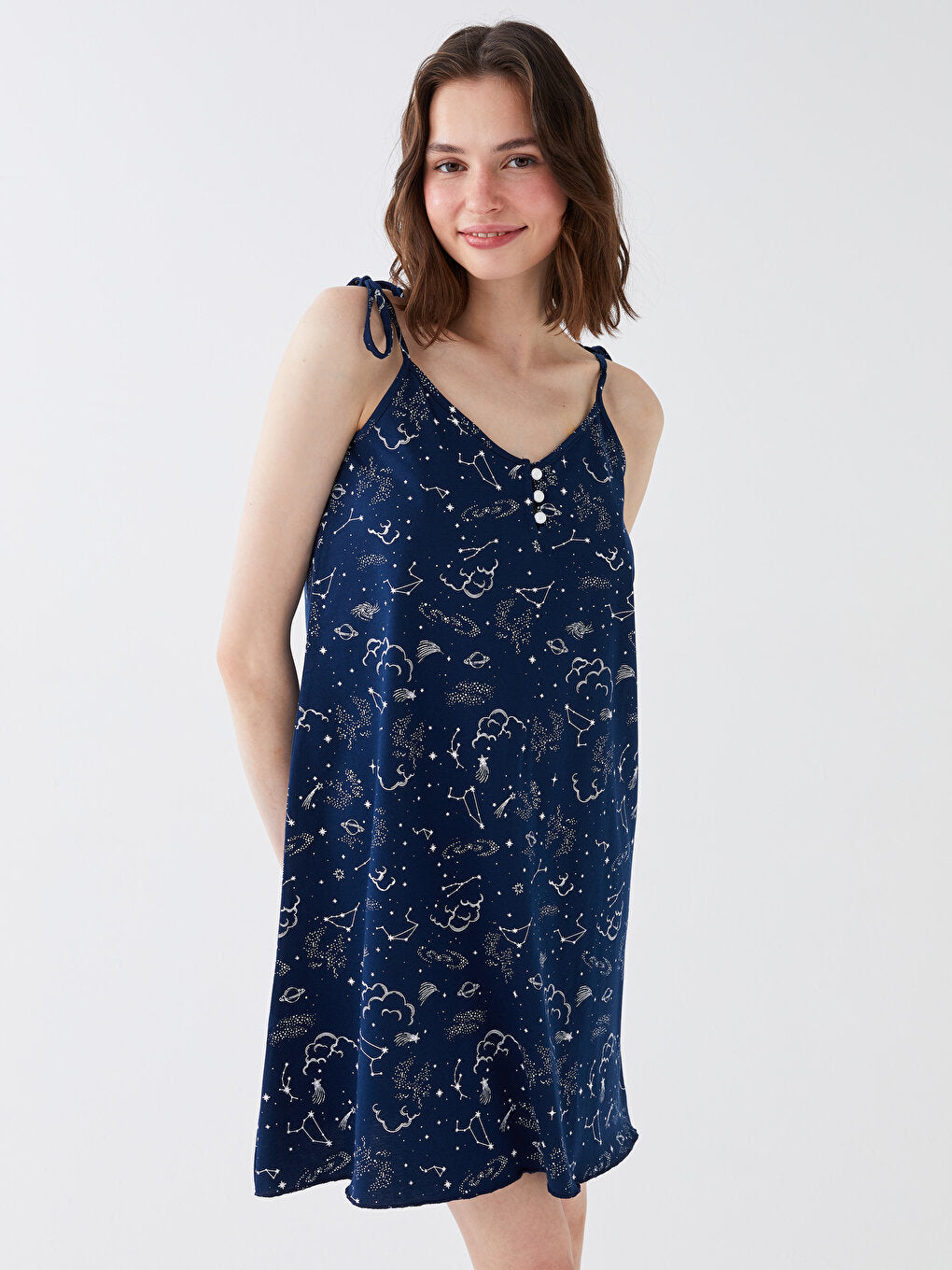 Women's V-neck Rope Strap Patterned Nightgown