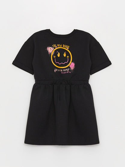 Crew Neck SmileyWorld Printed Short Sleeve Girl's Dress