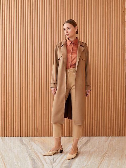 Jacket Collar Plain Long Sleeve Suede Women's Trench Coat