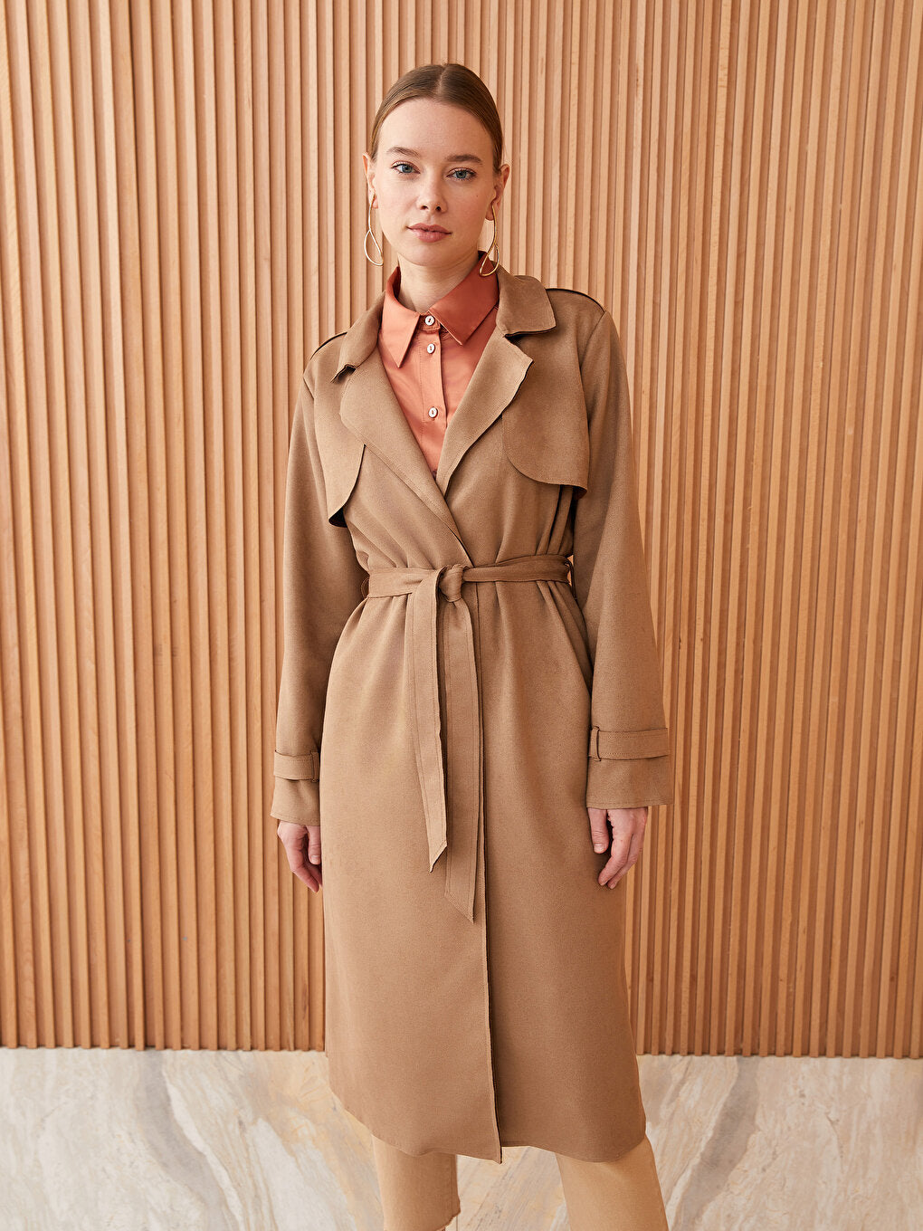 Jacket Collar Plain Long Sleeve Suede Women's Trench Coat