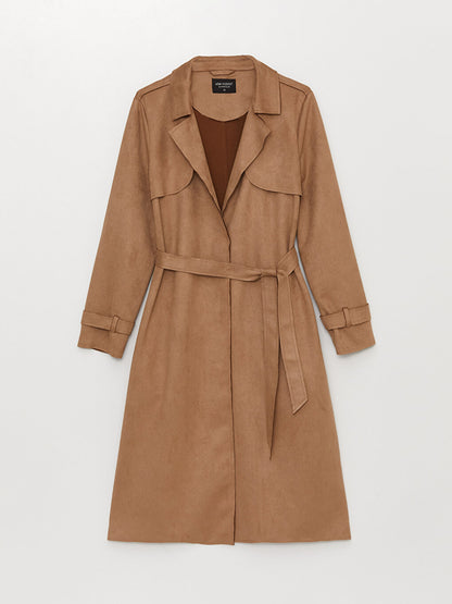 Jacket Collar Plain Long Sleeve Suede Women's Trench Coat