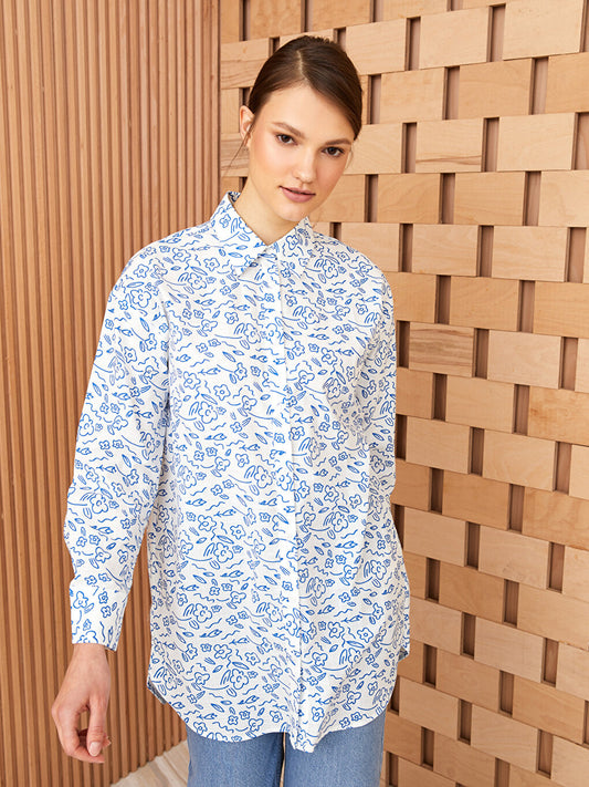 Patterned Long Sleeve Poplin Women's Shirt Tunic