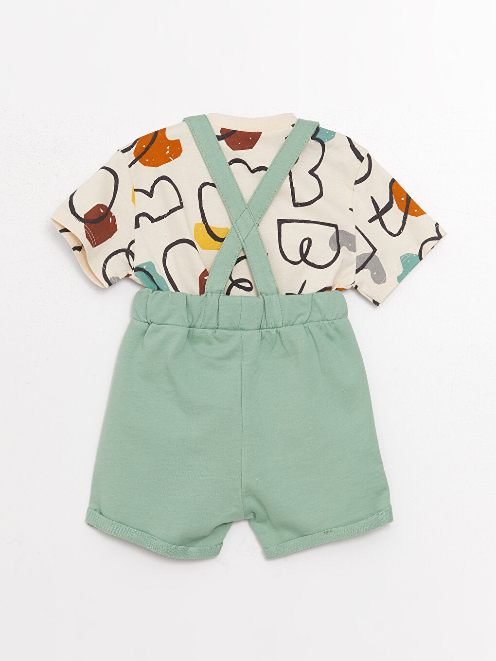 Crew Neck Short Sleeve Printed Baby Boy T-Shirt and Salopet 2-Piece Set