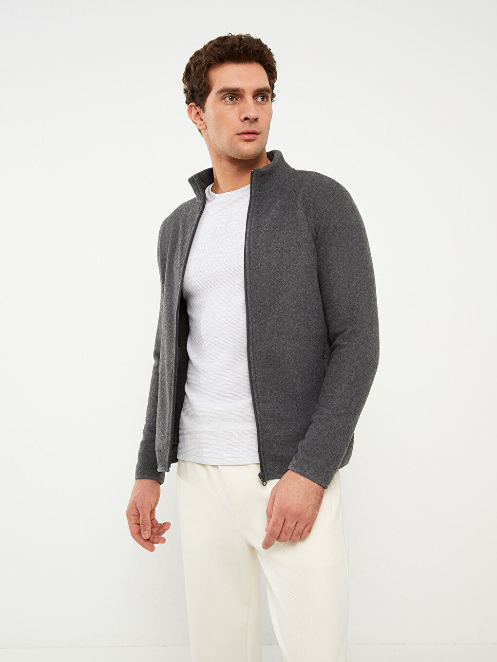 High Collar Long Sleeve Fleece Men's Sports Cardigan