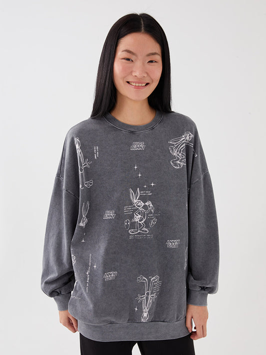 Crew Neck Bugs Bunny Printed Long Sleeve Oversize Women's Sweatshirt