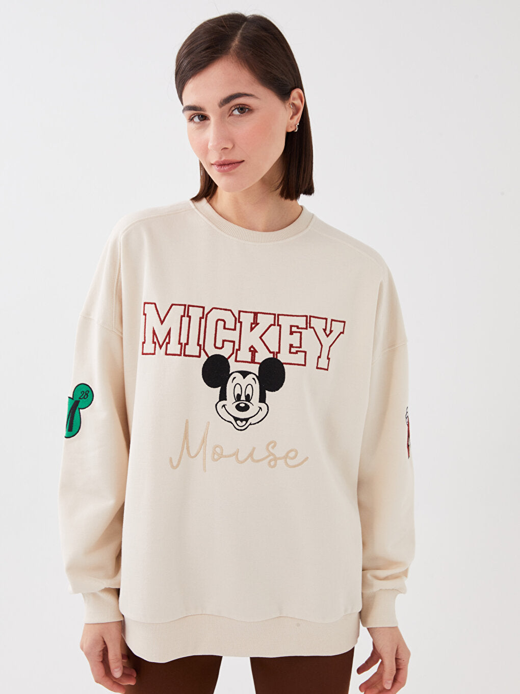 Crew Neck Mickey Mouse Printed Long Sleeve Oversize Women's Sweatshirt