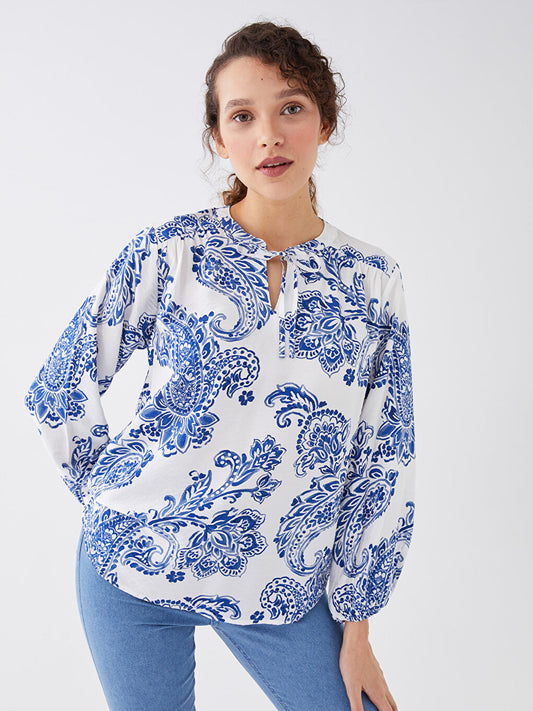 Tie Collar Patterned Long Sleeve Women's Shirt