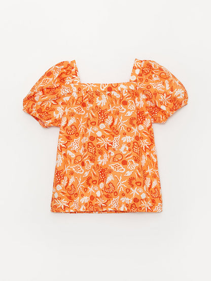 Square Neck Patterned Short Sleeve Girl's Blouse