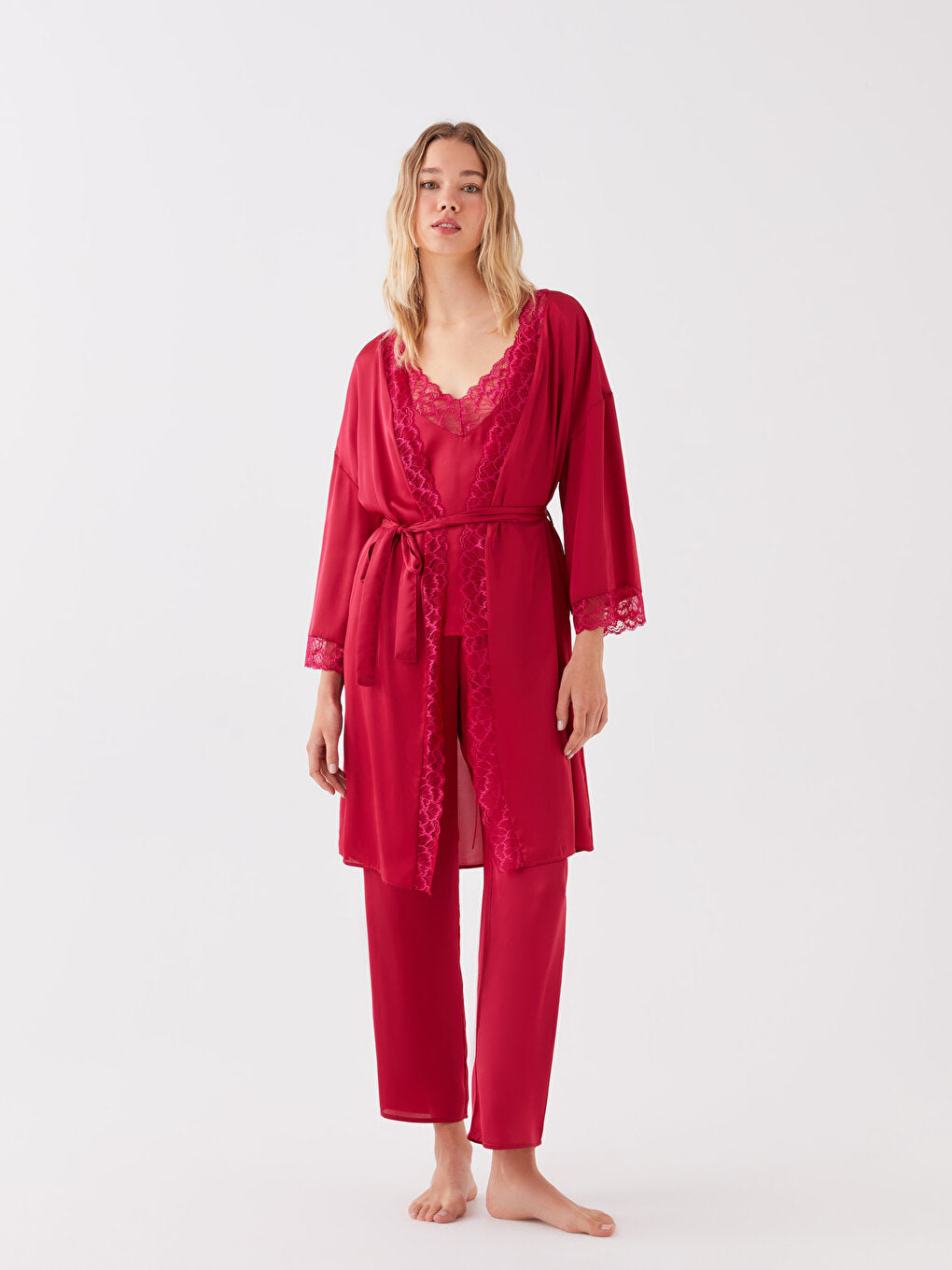 Shawl Collar Lace Detailed Satin Women's Dressing Gown