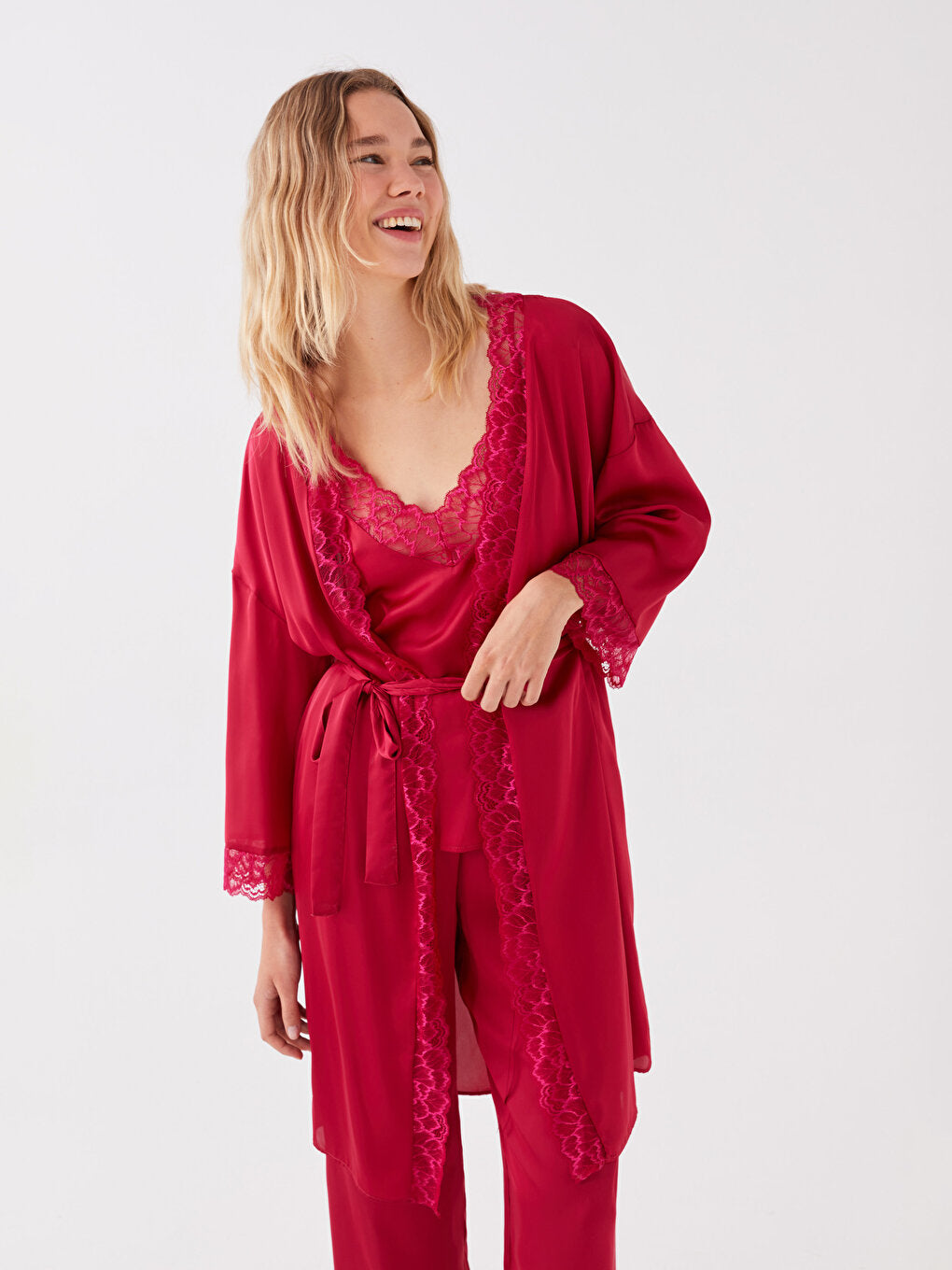 Shawl Collar Lace Detailed Satin Women's Dressing Gown