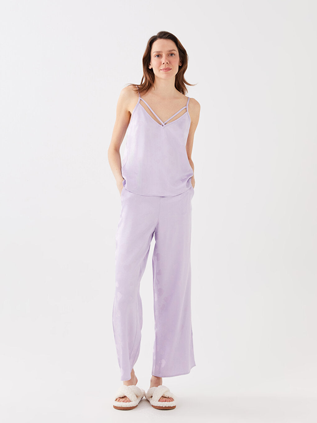 Women's V-Neck Rope Strap Patterned Pajama Set