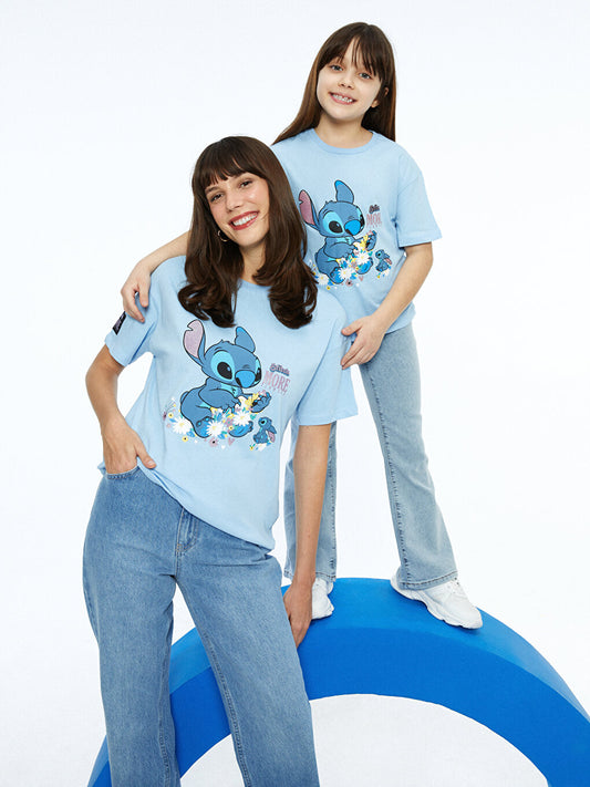 Crew Neck Lilo and Stitch Printed Short Sleeve Cotton Girls' T-Shirt