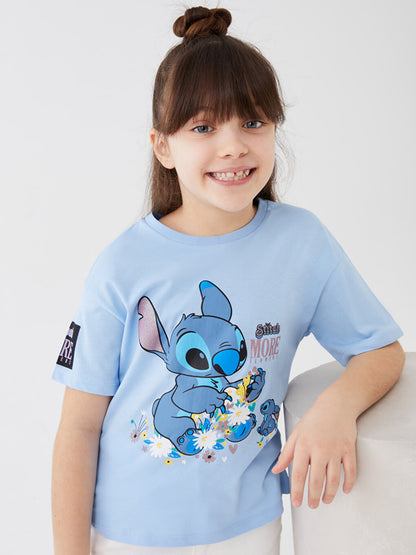 Crew Neck Lilo and Stitch Printed Short Sleeve Cotton Girls' T-Shirt