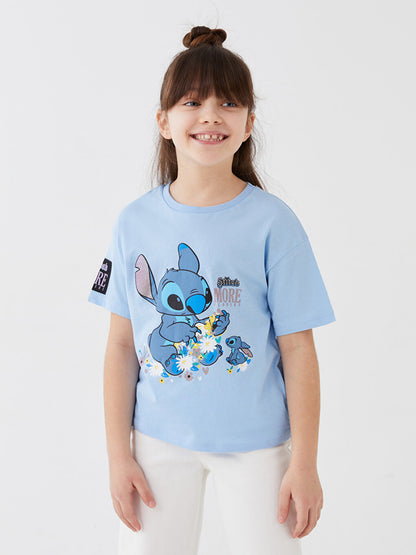 Crew Neck Lilo and Stitch Printed Short Sleeve Cotton Girls' T-Shirt