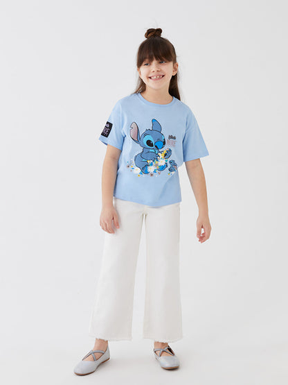 Crew Neck Lilo and Stitch Printed Short Sleeve Cotton Girls' T-Shirt