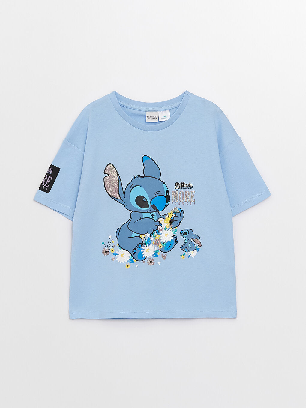 Crew Neck Lilo and Stitch Printed Short Sleeve Cotton Girls' T-Shirt