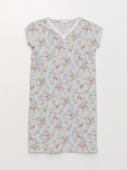 V-Neck Patterned Short Sleeve Women's Nightgown