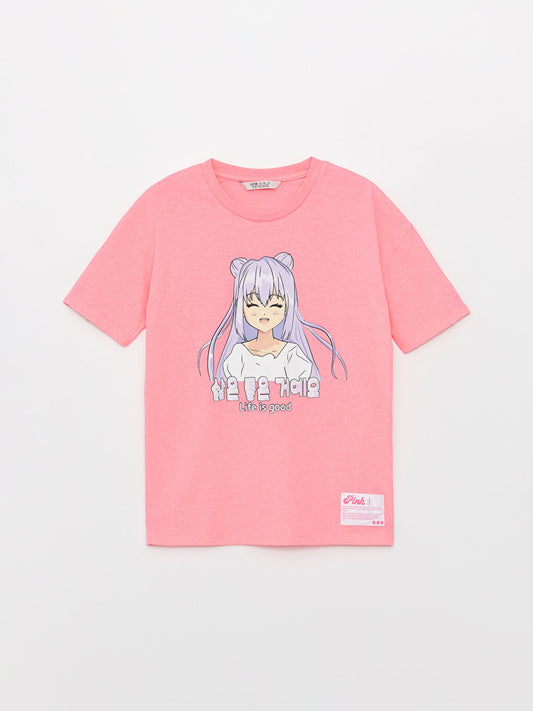 Crew Neck Printed Short Sleeve Girls' T-Shirt