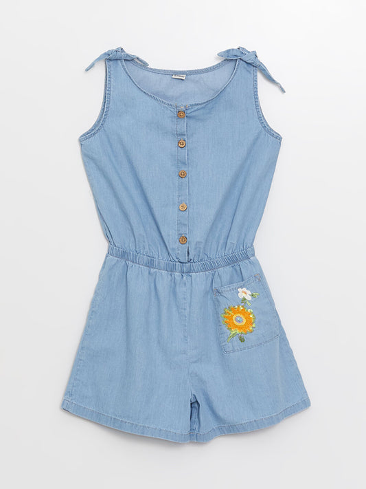 Crew Neck Embroidered Girl's Jean Jumpsuit