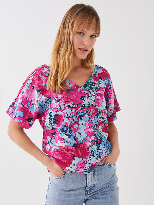 Women's V-Neck Patterned Short Sleeve Blouse