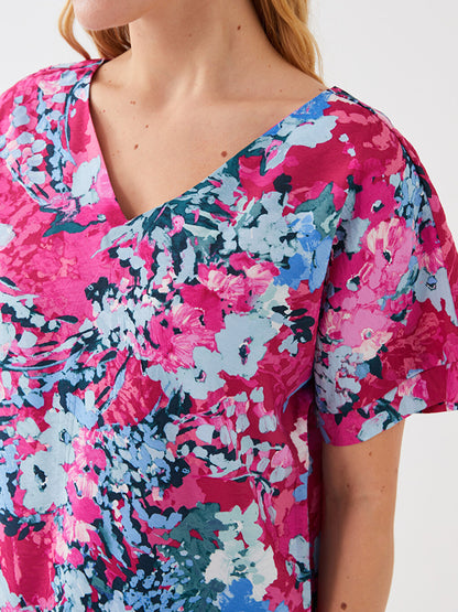 Women's V-Neck Patterned Short Sleeve Blouse