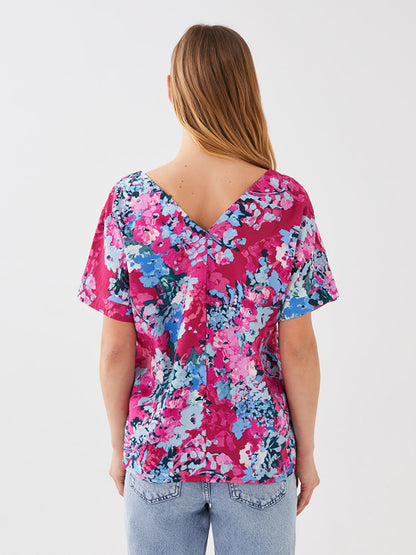 Women's V-Neck Patterned Short Sleeve Blouse