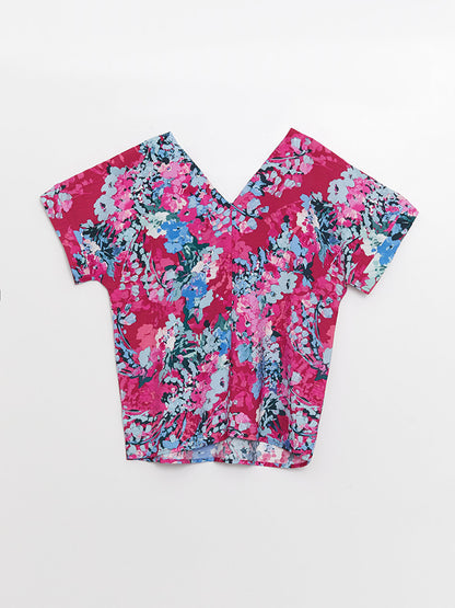 Women's V-Neck Patterned Short Sleeve Blouse