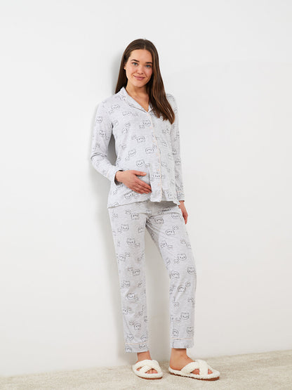 Shirt Collar Printed Long Sleeve Maternity Pajama Set