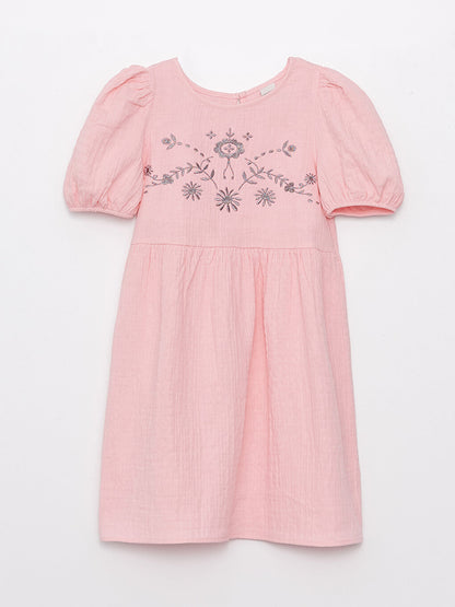 Crew Neck Embroidery Detailed Short Sleeve Girl's Dress