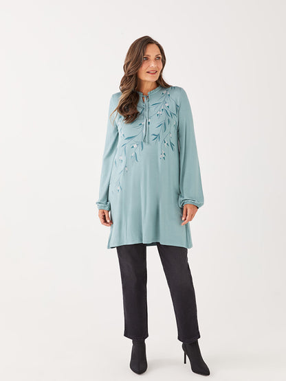 Tie Collar Patterned Long Sleeve Women's Tunic