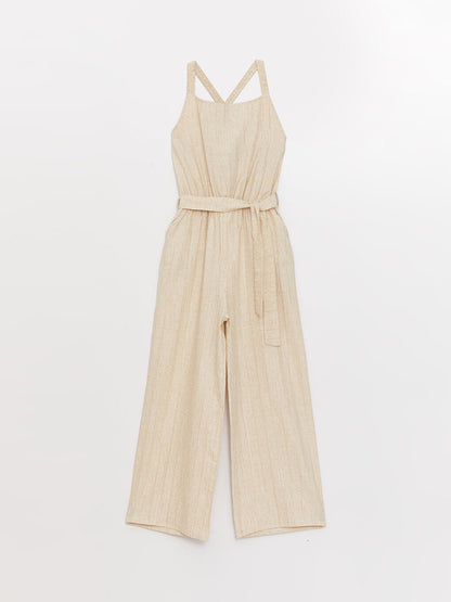 Square Neck Basic Linen Blend Girl's Jumpsuit