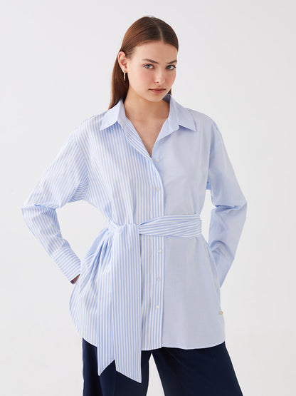 Front Button Closure Striped Long Sleeve Oxford Women's Shirt