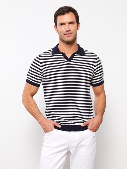 Polo Neck Short Sleeve Striped Men's Knitwear Sweater