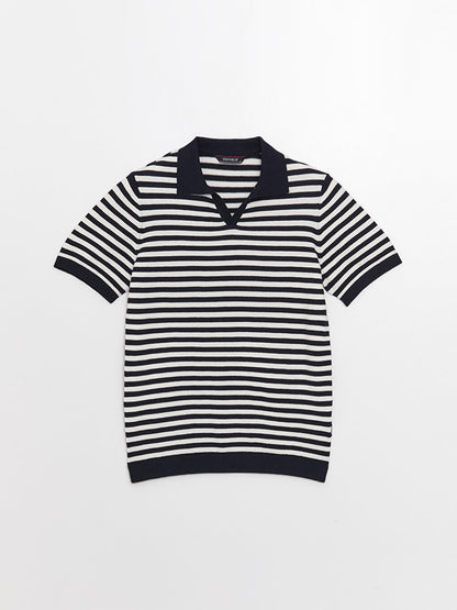 Polo Neck Short Sleeve Striped Men's Knitwear Sweater