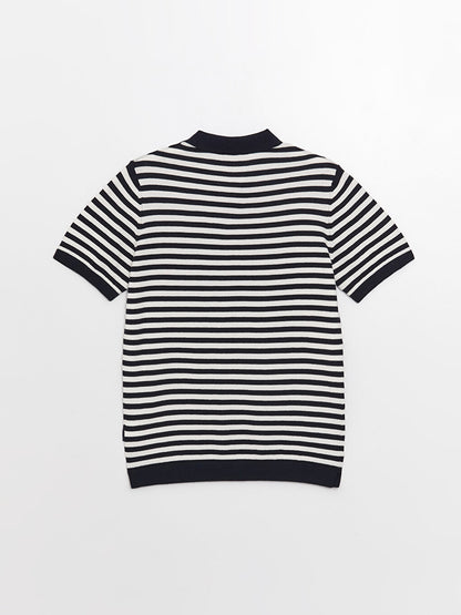 Polo Neck Short Sleeve Striped Men's Knitwear Sweater