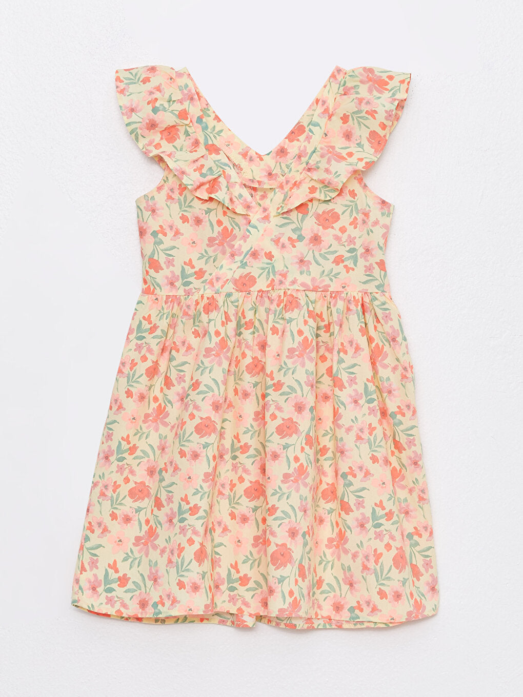 V-Neck Printed Short Sleeve Girl's Dress with Buckle