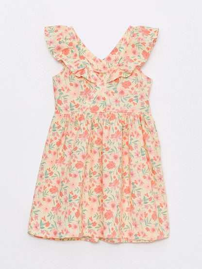 V-Neck Printed Short Sleeve Girl's Dress with Buckle