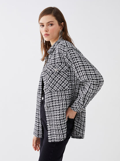 Patterned Long Sleeve Oversize Women's Tweed Shirt Jacket