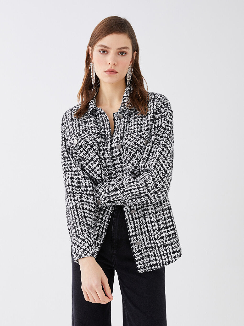 Patterned Long Sleeve Oversize Women's Tweed Shirt Jacket