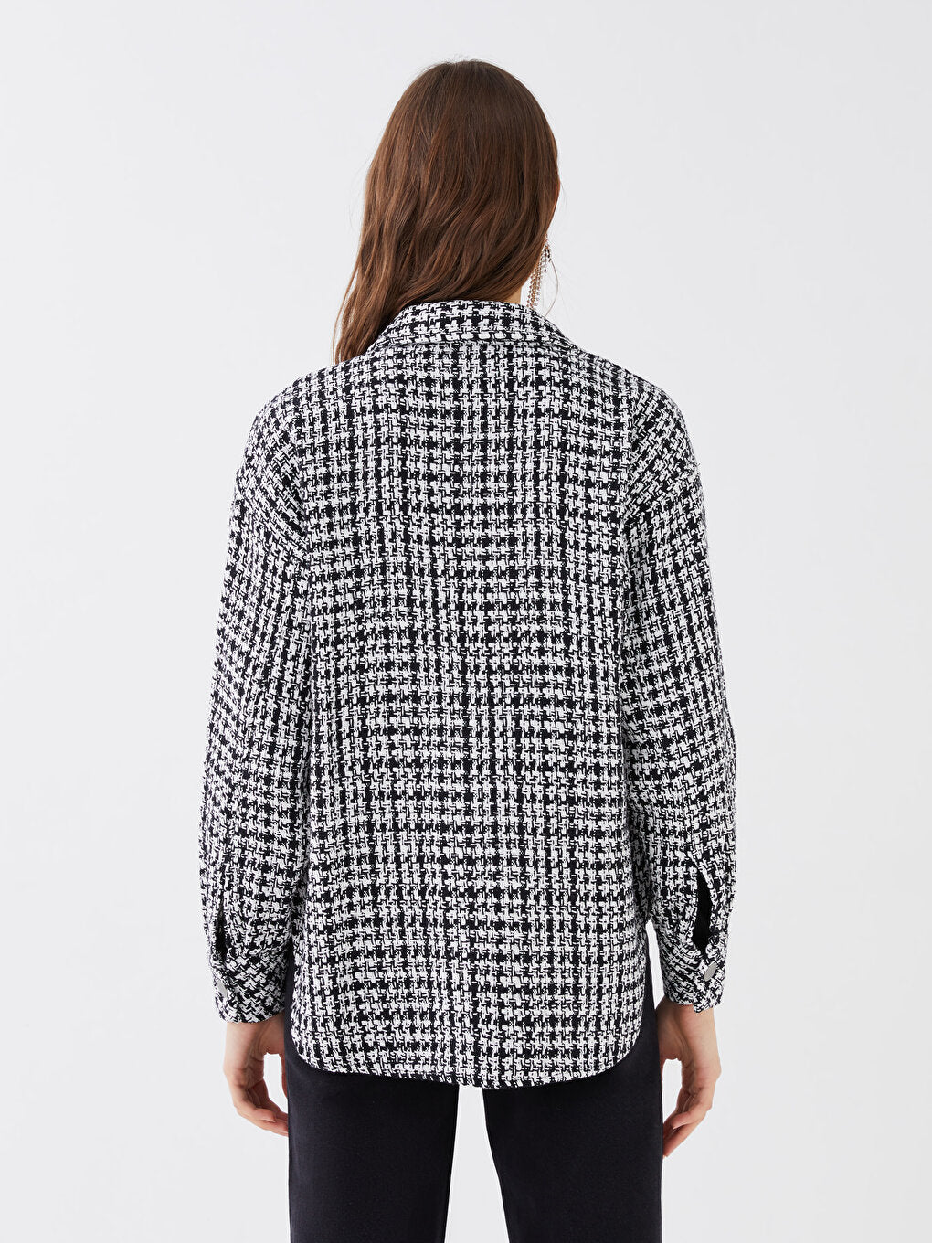 Patterned Long Sleeve Oversize Women's Tweed Shirt Jacket