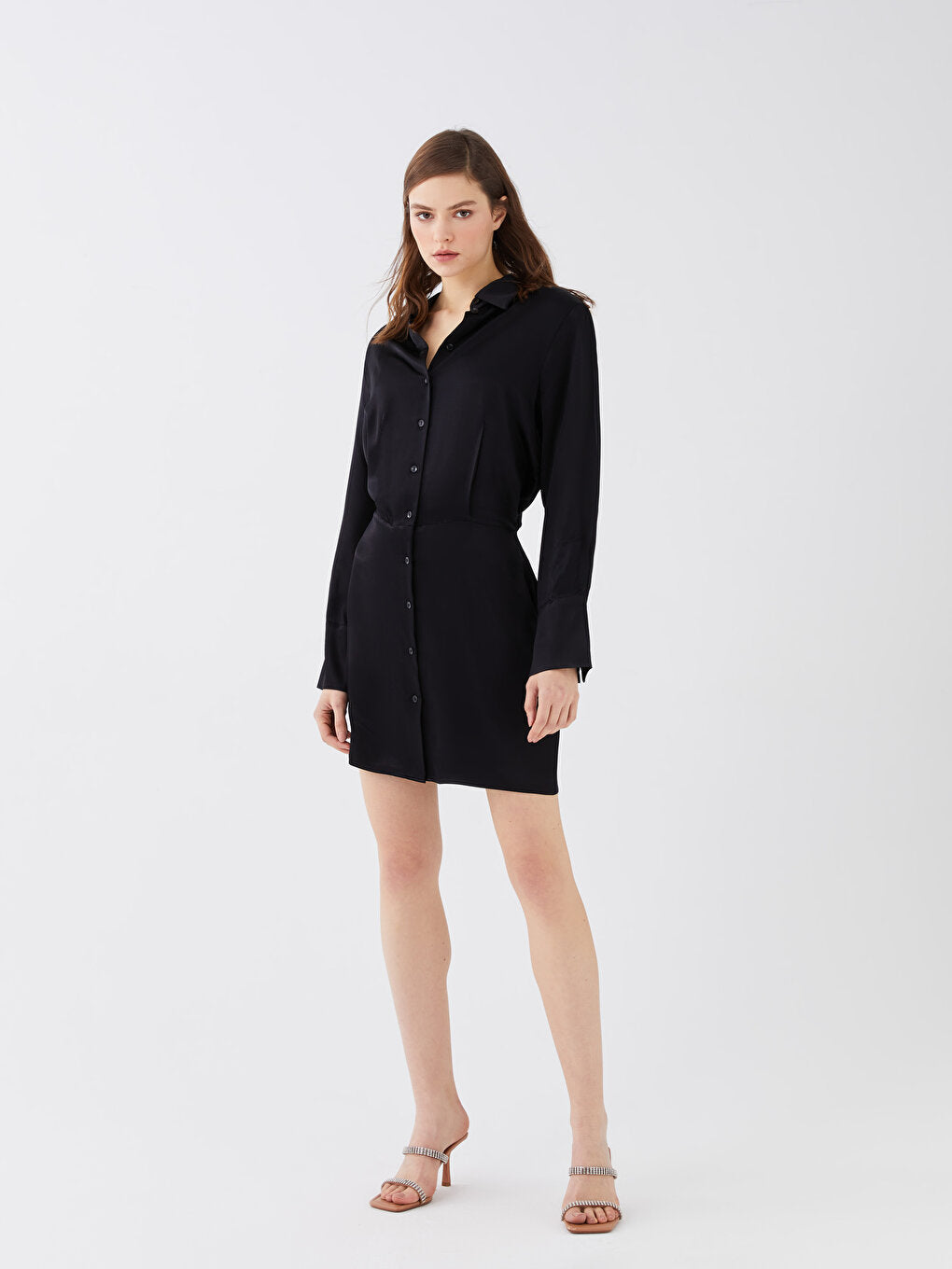 Plain Long Sleeve Satin Women's Shirt Dress