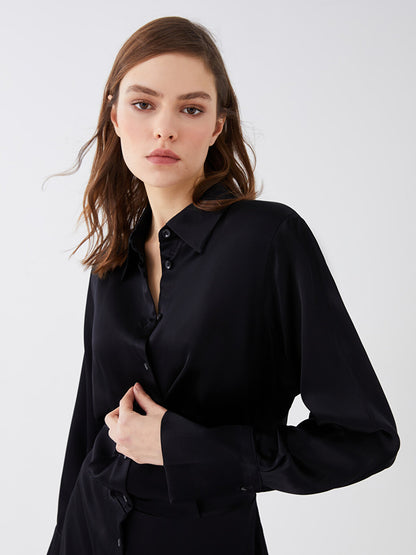 Plain Long Sleeve Satin Women's Shirt Dress