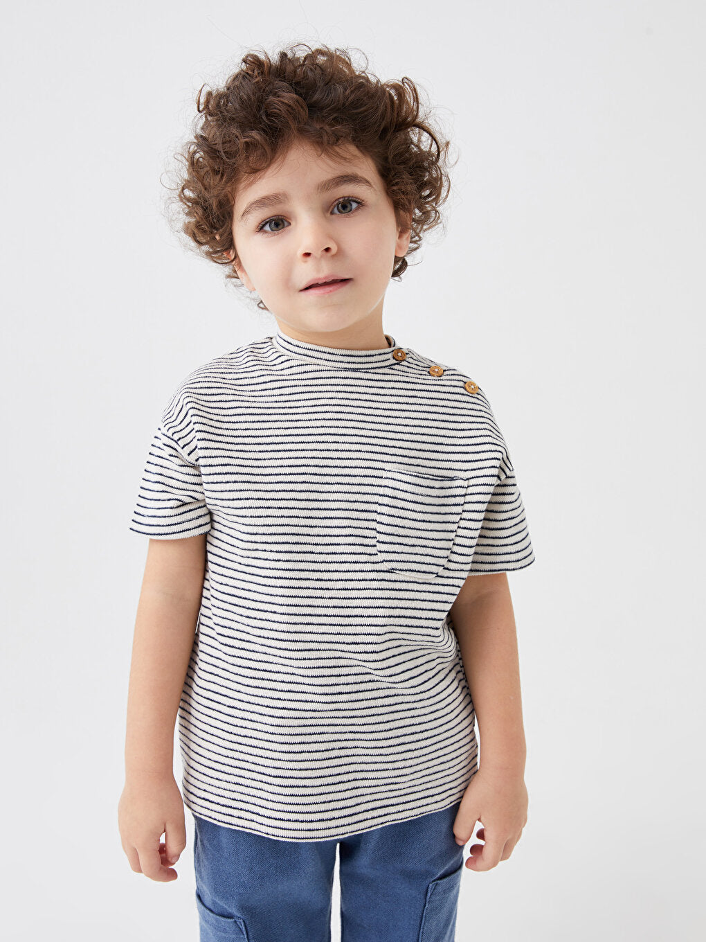 High Collar Short Sleeve Striped Baby Boy T-Shirt and Trousers 2-pack