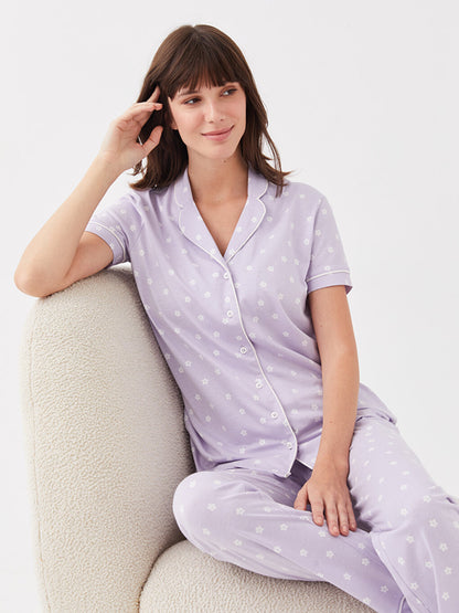 Shirt Collar Patterned Short Sleeve Women's Pajama Set