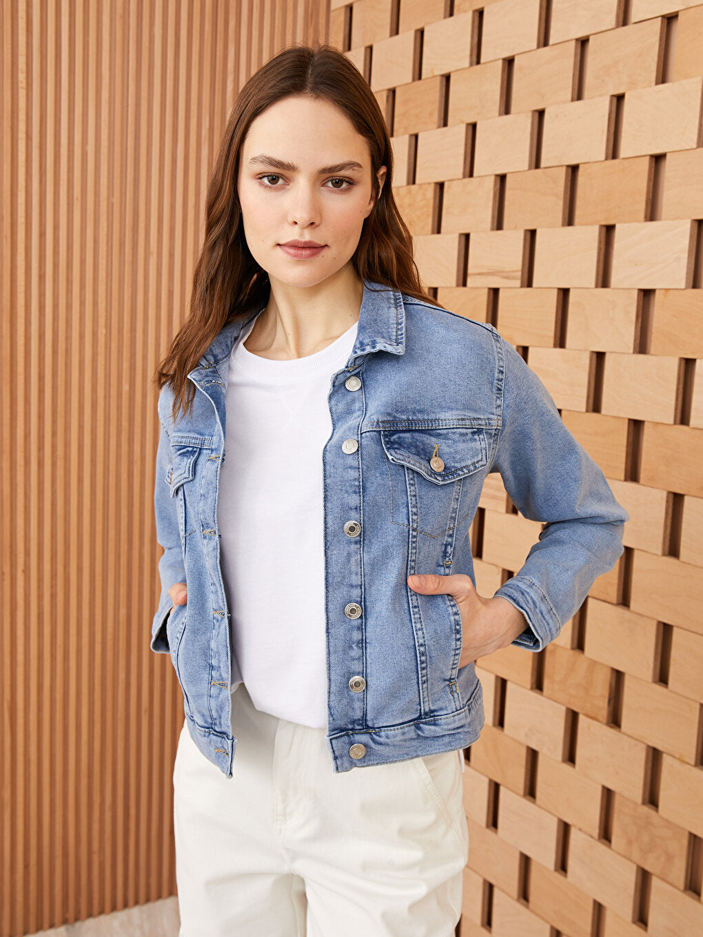 Shirt Collar Plain Long Sleeve Women's Jean Jacket