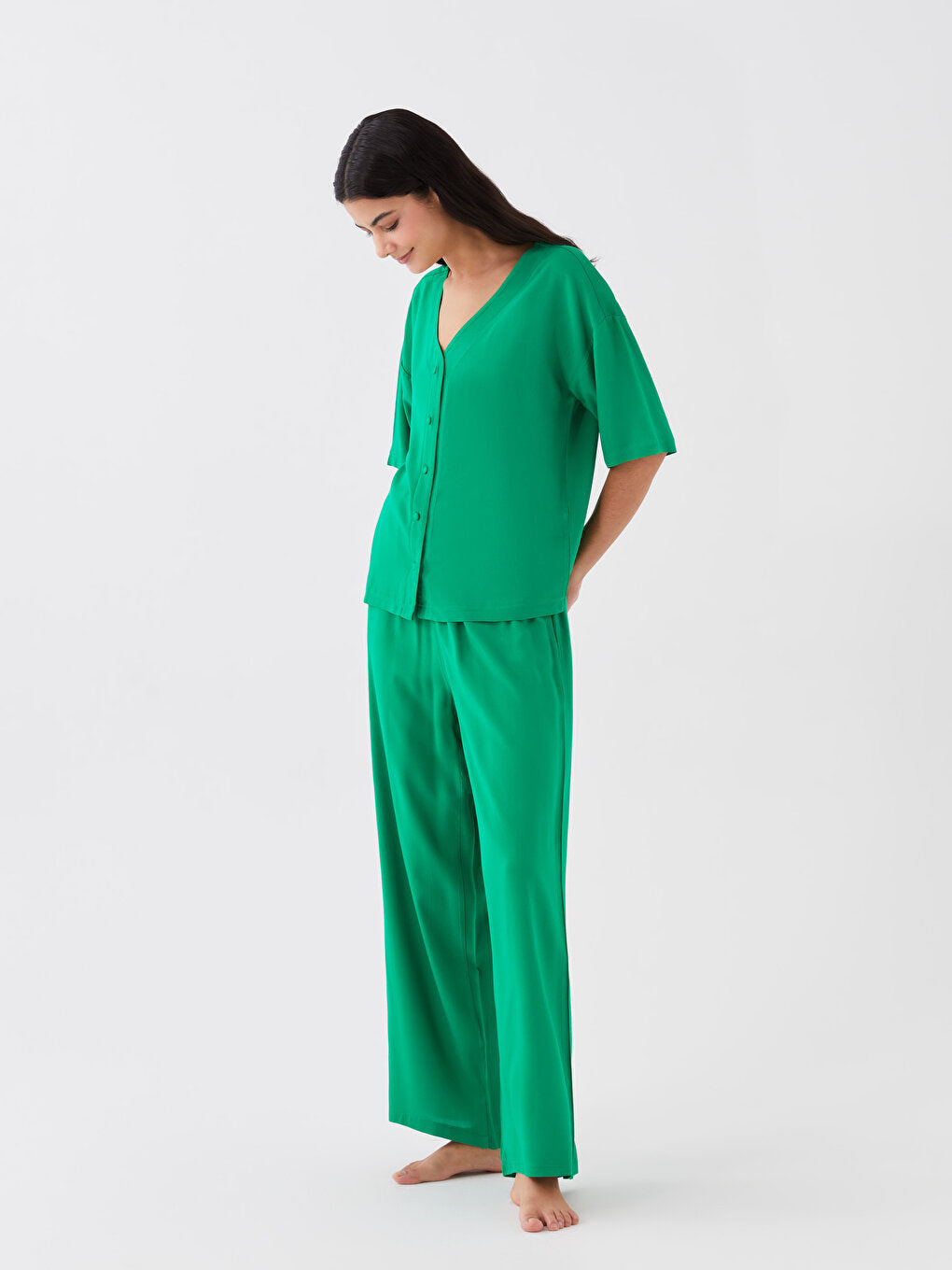 V-Neck Plain Short Sleeve Women's Pajama Set