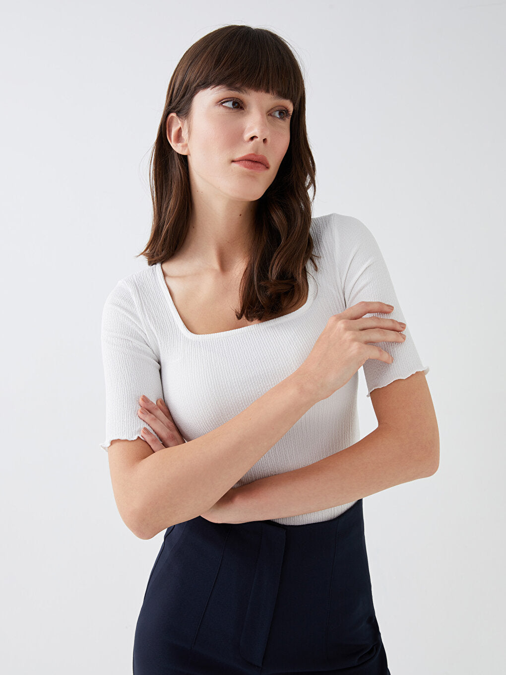 Square Neck Plain Short Sleeve Women's Blouse