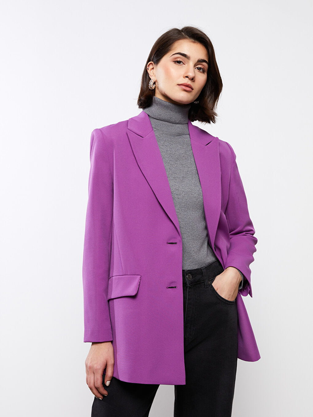 Front Button Closure Plain Long Sleeve Women's Blazer Jacket